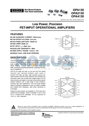 OPA130UAE4 datasheet - Low Power, Precision FET-INPUT OPERATIONAL AMPLIFIERS