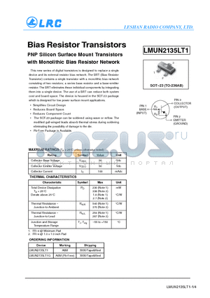 LMUN2135LT1 datasheet - Bias Resistor Transistors, PNP Silicon Surface Mount Transistors  with Monolithic Bias Resistor Network