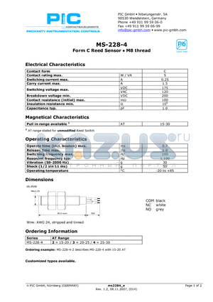 MS-228-4 datasheet - Form C Reed Sensor - M8 thread