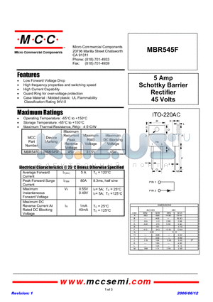 MBR545F datasheet - 5 Amp Schottky Barrier Rectifier 45 Volts