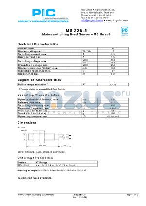 MS-228-5-4 datasheet - Mains switching Reed Sensor - M8 thread