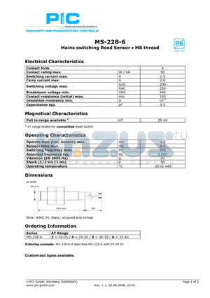 MS-228-6-5 datasheet - Mains switching Reed Sensor - M8 thread