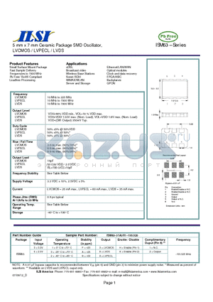 ISM63-31B8H2-155.520 datasheet - 5 mm x 7 mm Ceramic Package SMD Oscillator, LVCMOS / LVPECL / LVDS