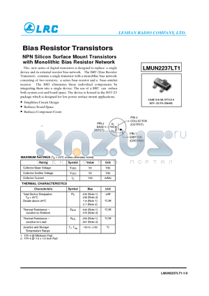 LMUN2237LT1 datasheet - Bias Resistor Transistors NPN Silicon Surface Mount Transistors with Monolithic Bias Resistor Network