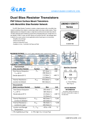 LMUN5111DW1T1 datasheet - Dual Bias Resistor Transistors PNP Silicon Surface Mount Transistors with Monolithic Bias Resistor Network