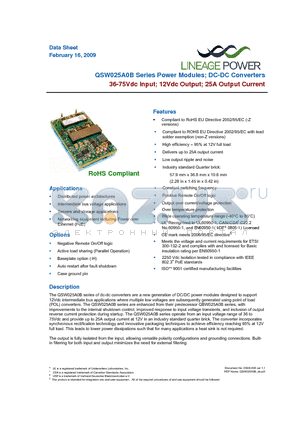 QSW025A0B41Z datasheet - 36 - 75Vdc Input; 12Vdc Output; 25A Output Current