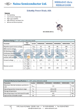 MBR60100R datasheet - Schottky Power Diode, 60A