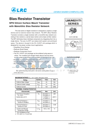 LMUN5212T1 datasheet - Bias Resistor Transistor NPN Silicon Surface Mount Transistor with Monolithic Bias Resistor Network