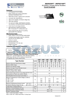 MBR60100PT datasheet - 60.0AMPS. Schottky Barrier Rectifiers High surge capability