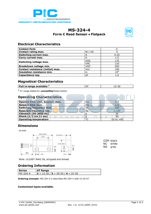 MS-324-4 datasheet - Form C Reed Sensor - Flatpack