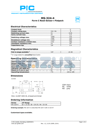 MS-324-4-3 datasheet - Form C Reed Sensor - Flatpack