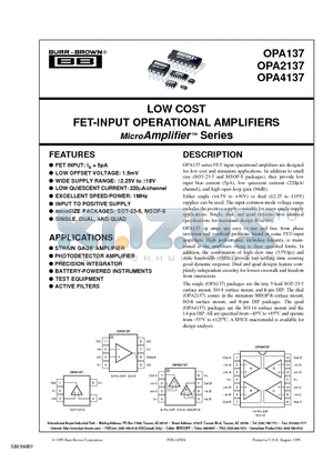 OPA137NA/250 datasheet - LOW COST FET-INPUT OPERATIONAL AMPLIFIERS MicroAmplifier  Series