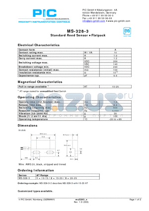 MS-328-3-1 datasheet - Standard Reed Sensor - Flatpack