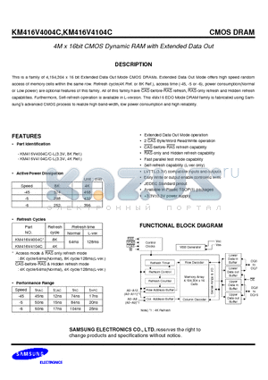 KM416V4004C datasheet - 4M x 16bit CMOS Dynamic RAM with Extended Data Out