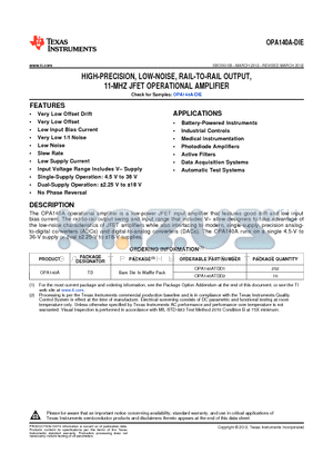 OPA140A datasheet - HIGH-PRECISION, LOW-NOISE, RAIL-TO-RAIL OUTPUT