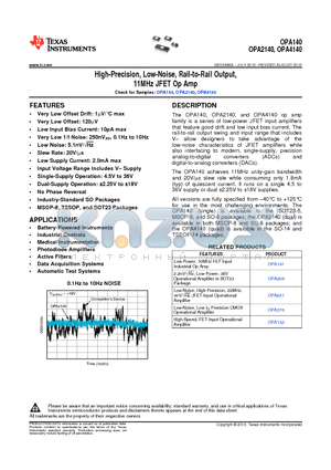 OPA140AIDBVR datasheet - High-Precision, Low-Noise, Rail-to-Rail Output 11MHz JFET Op Amp