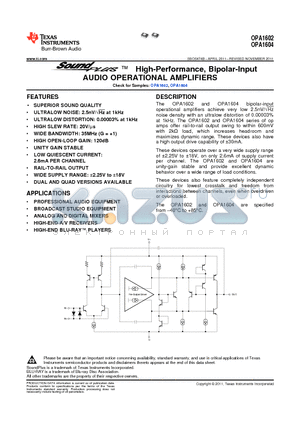 OPA1602 datasheet - High-Performance, Bipolar-Input AUDIO OPERATIONAL AMPLIFIERS