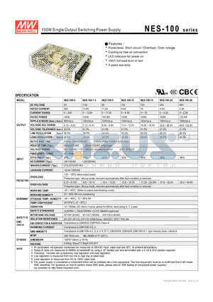 NES-100 datasheet - 100W Single Output Switching Power Supply