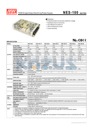 NES-100-12 datasheet - 100W Single Output Switching Power Supply