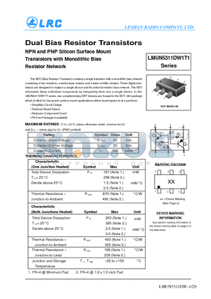 LMUN5313DW1T1G datasheet - Dual Bias Resistor Transistors NPN and PNP Silicon Surface Mount Transistors with Monolithic Bias Resistor Network