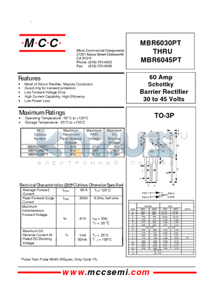 MBR6045 datasheet - 60 Amp Schottky Barrier Rectifier 30 to 45 Volts
