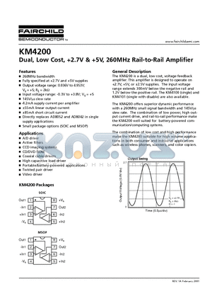 KM4200IC8 datasheet - Dual, Low Cost, 2.7V & 5V, 260MHz Rail-to-Rail Amplifier