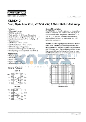 KM4212IM8 datasheet - Dual, 70A, Low Cost, 2.7V & 5V, 7.3MHz Rail-to-Rail Amp