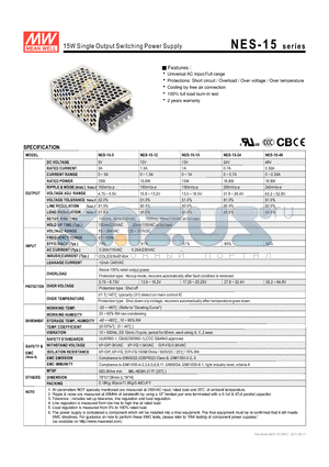 NES-15-5 datasheet - 15W Single Output Switching Power Supply