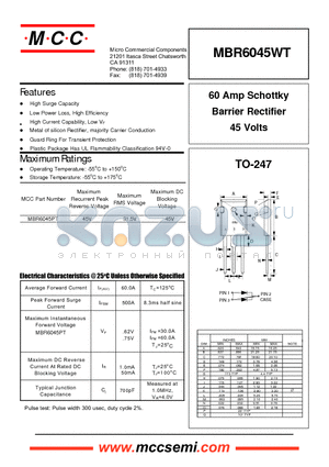 MBR6045WT datasheet - 60 Amp Schottky Barrier Rectifier 45 Volts