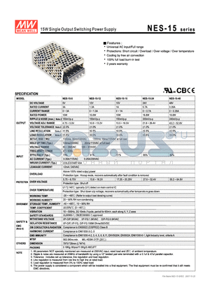 NES-15-15 datasheet - 15W Single  Output Switching Power Supply