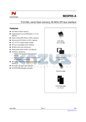 M25P05-AVDW6G datasheet - 512 Kbit, serial Flash memory, 50 MHz SPI bus interface