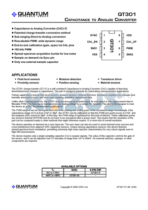 QT301 datasheet - CAPACITANCE TO ANALOG CONVERTER