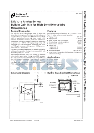 LMV1015UR-15 datasheet - Built-in Gain ICs for High Sensitivity 2-Wire Microphones
