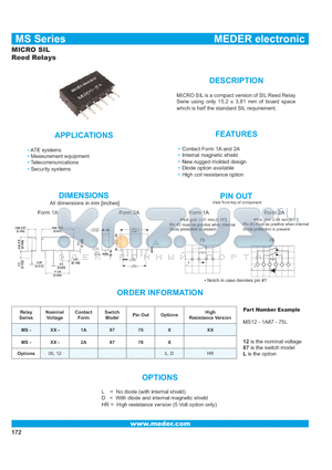 MS05-1A87-75D datasheet - MICRO SIL Reed Relays