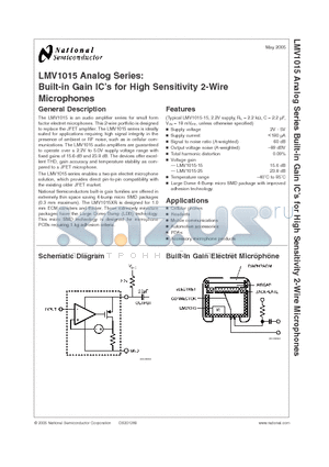 LMV1015 datasheet - Built-in Gain ICs for High Sensitivity 2-Wire Microphones