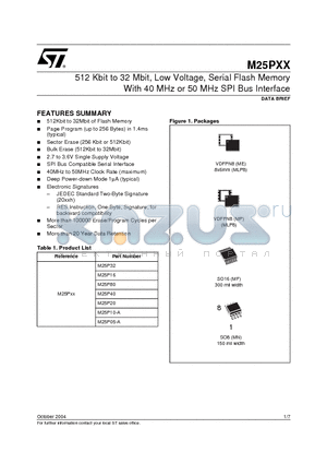 M25P05-AVME6TP datasheet - 512 Kbit to 32 Mbit, Low Voltage, Serial Flash Memory With 40 MHz or 50 MHz SPI Bus Interface