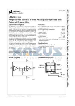 LMV1031-20 datasheet - Amplifier for Internal 3-Wire Analog Microphones and External Preamplifier