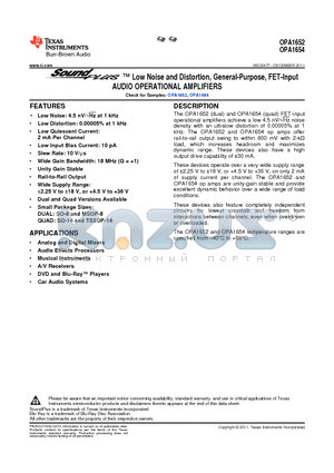 OPA1652AIDR datasheet - Low Noise and Distortion, General-Purpose, FET-Input