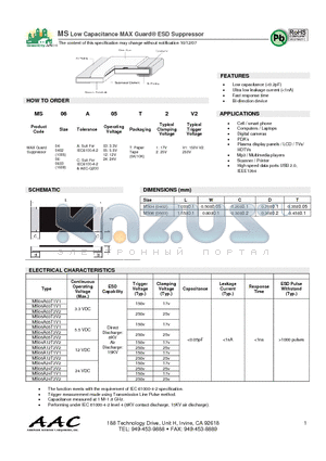 MS06A03T1V1 datasheet - MS Low Capacitance MAX Guard^ ESD Suppressor