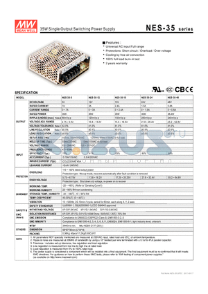 NES-35-15 datasheet - 35W Single Output Switching Power Supply