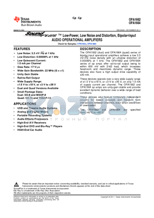 OPA1664AIPWR datasheet - Low-Power, Low Noise and Distortion, Bipolar-Input AUDIO OPERATIONAL AMPLIFIERS