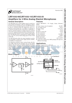 LMV1032URX-15 datasheet - Amplifiers for 3-Wire Analog Electret Microphones