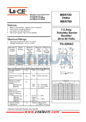 MBR730 datasheet - 7.5Amp schottky barrier rectifier 20to60volts