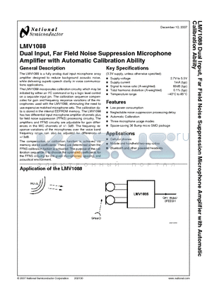 LMV1088 datasheet - Dual Input, Far Field Noise Suppression Microphone Amplifier with Automatic Calibration Ability