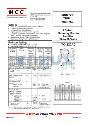 MBR730 datasheet - 7.5 Amp Schottky Barrier Rectifier 20 to 60 Volts