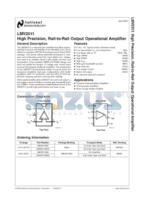 LMV2011 datasheet - High Precision, Rail-to-Rail Output Operational Amplifier