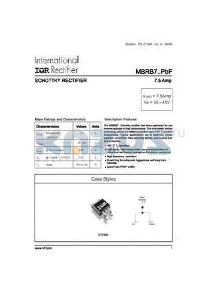 MBR735PBF datasheet - SCHOTTKY RECTIFIER 7.5 Amp