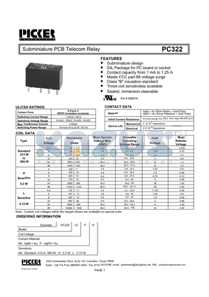 PC322-12PH datasheet - Subminiature PCB Telecom Relay