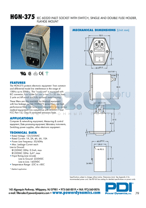 HGN-375-10M-F1 datasheet - IEC 60320 INLET SOCKET WITH SWITCH, SINGLE AND DOUBLE FUSE HOLDER, FLANGE MOUNT