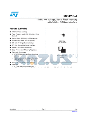 M25P10-AVMN3/X datasheet - 1 Mbit, low voltage, Serial Flash memory with 50MHz SPI bus interface